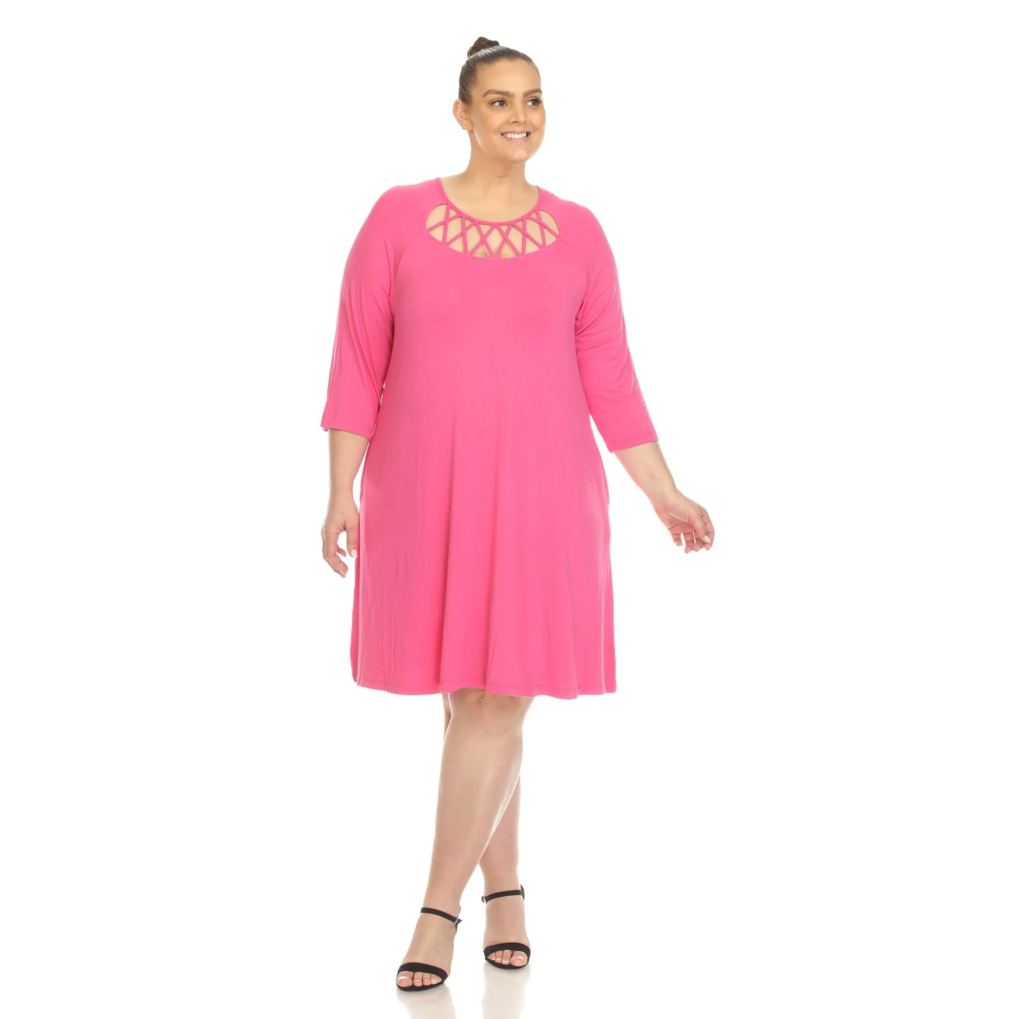 Criss Cross Neckline Swing Midi Dress - Plus