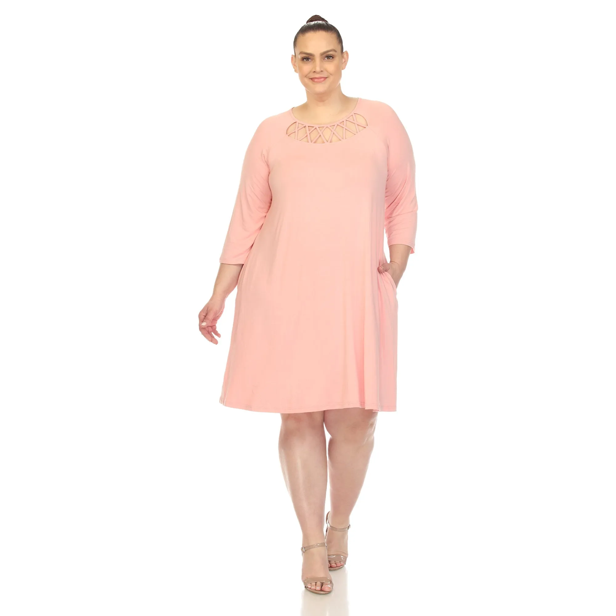 Criss Cross Neckline Swing Midi Dress - Plus