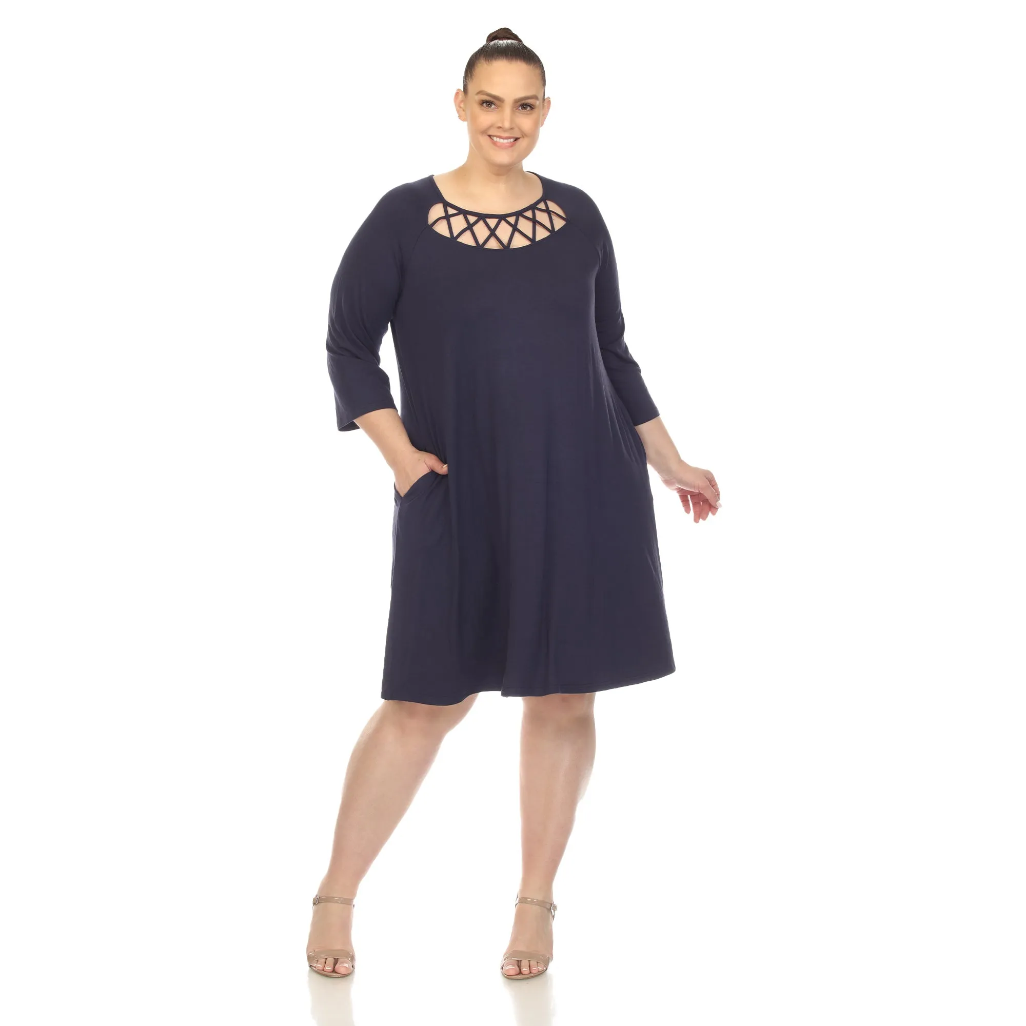 Criss Cross Neckline Swing Midi Dress - Plus