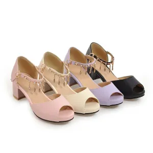 Women's Peep Toe Ankle Strap Chains Rhinestone Block Heel Sandals