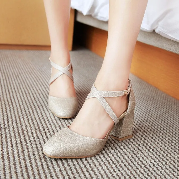 Women's Sparkling Closed Toe Ankle Strap Block Heel Sandals