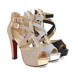 Women's Sparkling Peep Toe Double Ankle Strap Metal Buckle Platform Chunky Heel Sandals