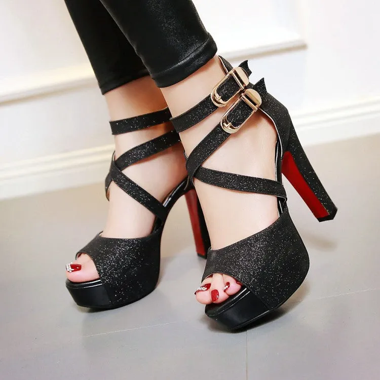 Women's Sparkling Peep Toe Double Ankle Strap Metal Buckle Platform Chunky Heel Sandals