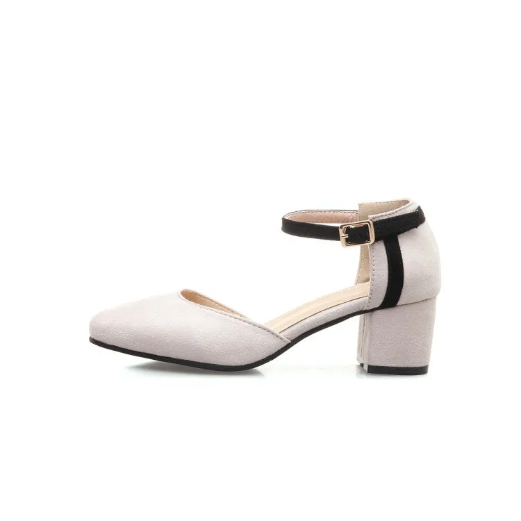 Women's Suede Color Block Ankle Strap Block Heel Sandals