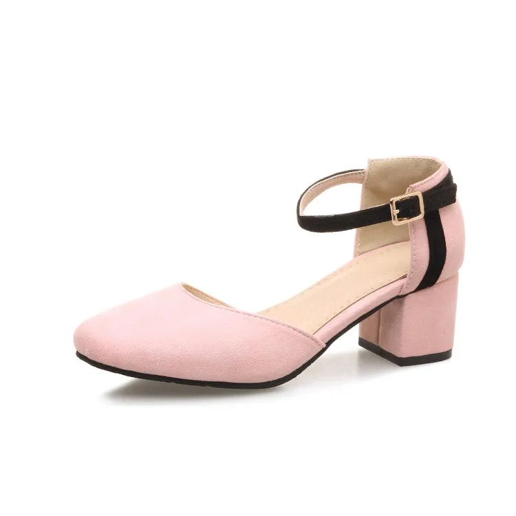 Women's Suede Color Block Ankle Strap Block Heel Sandals