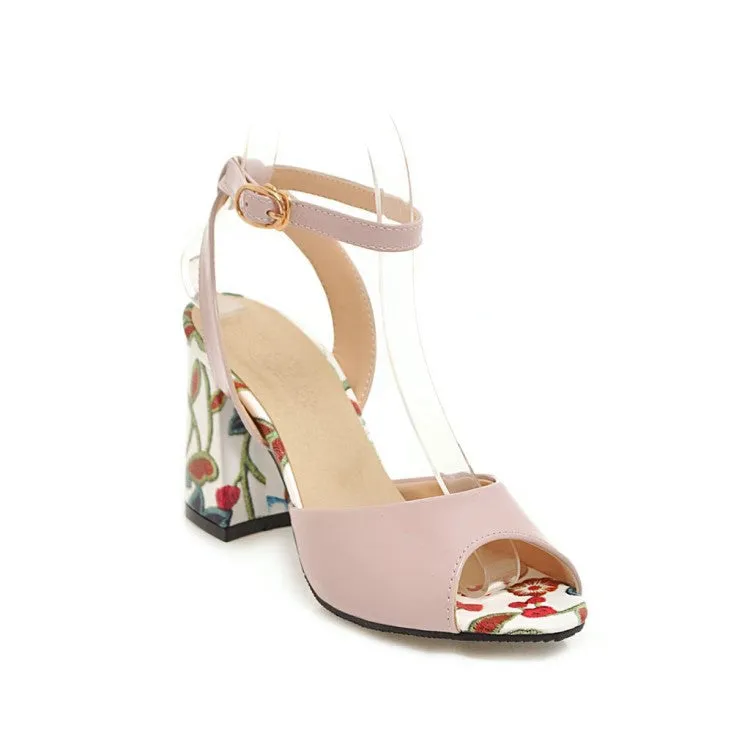 Women's's Color Block Peep Toe Printed Block Heels Sandals