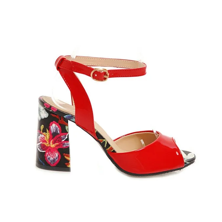 Women's's Color Block Peep Toe Printed Block Heels Sandals
