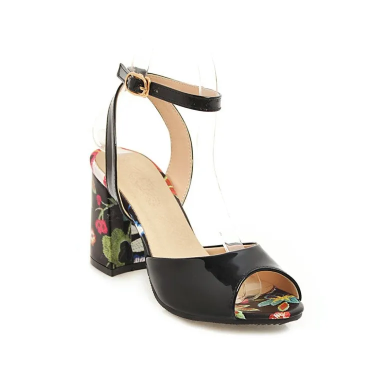 Women's's Color Block Peep Toe Printed Block Heels Sandals